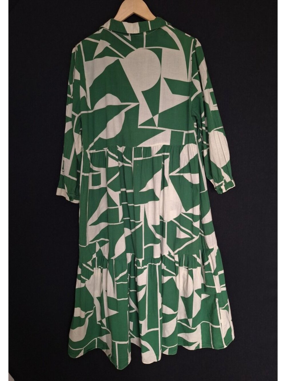 💙 Zara Green Geometric Tiered Midi Shirt Dress Size XL Cotton Button Front Over - Picture 7 of 8